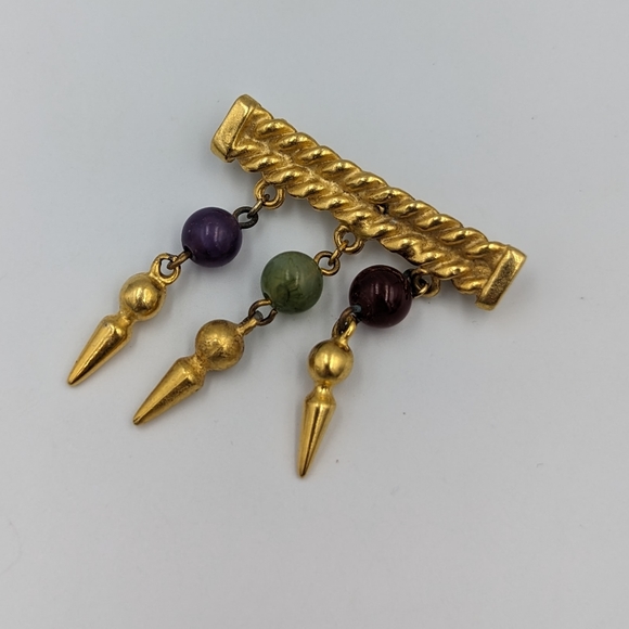 Vintage Gold Tone Unsigned Bar Brooch with Dangles Semiprecious Gemstones Beads - Picture 2 of 9